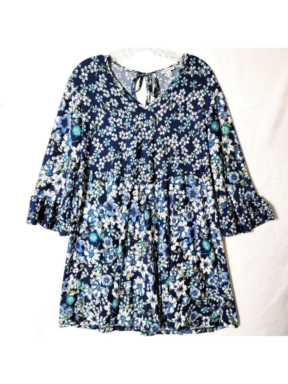 Seven Forty Two Shift Dress Womens Sz M 3/4 Bell Sleeve Back Tie Blue Floral Y2K